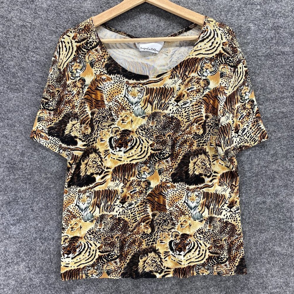 PSE Designed In California Top Women M Medium Brown Leopard Short Sleeve Crew Ne